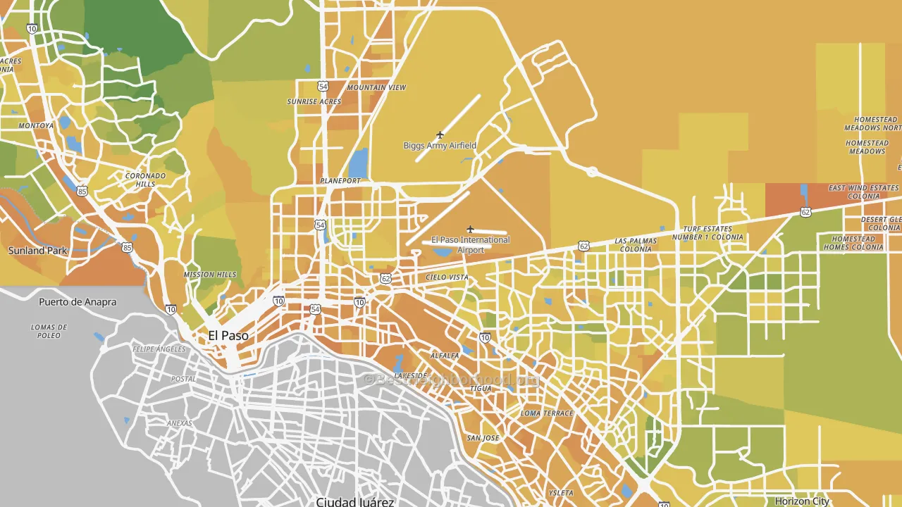 Map of the best neighborhoods in the El Paso Metro area, with better matches in green and worse matches in red