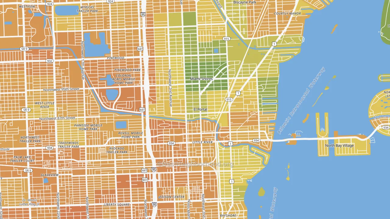 Map of the best neighborhoods in the El Portal area, with better matches in green and worse matches in red