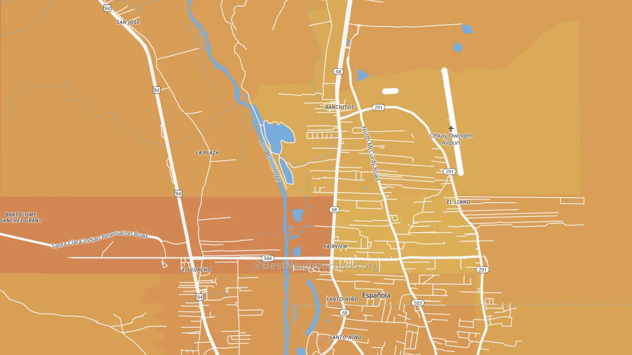 Map of the best neighborhoods in the El Rancho area, with better matches in green and worse matches in red