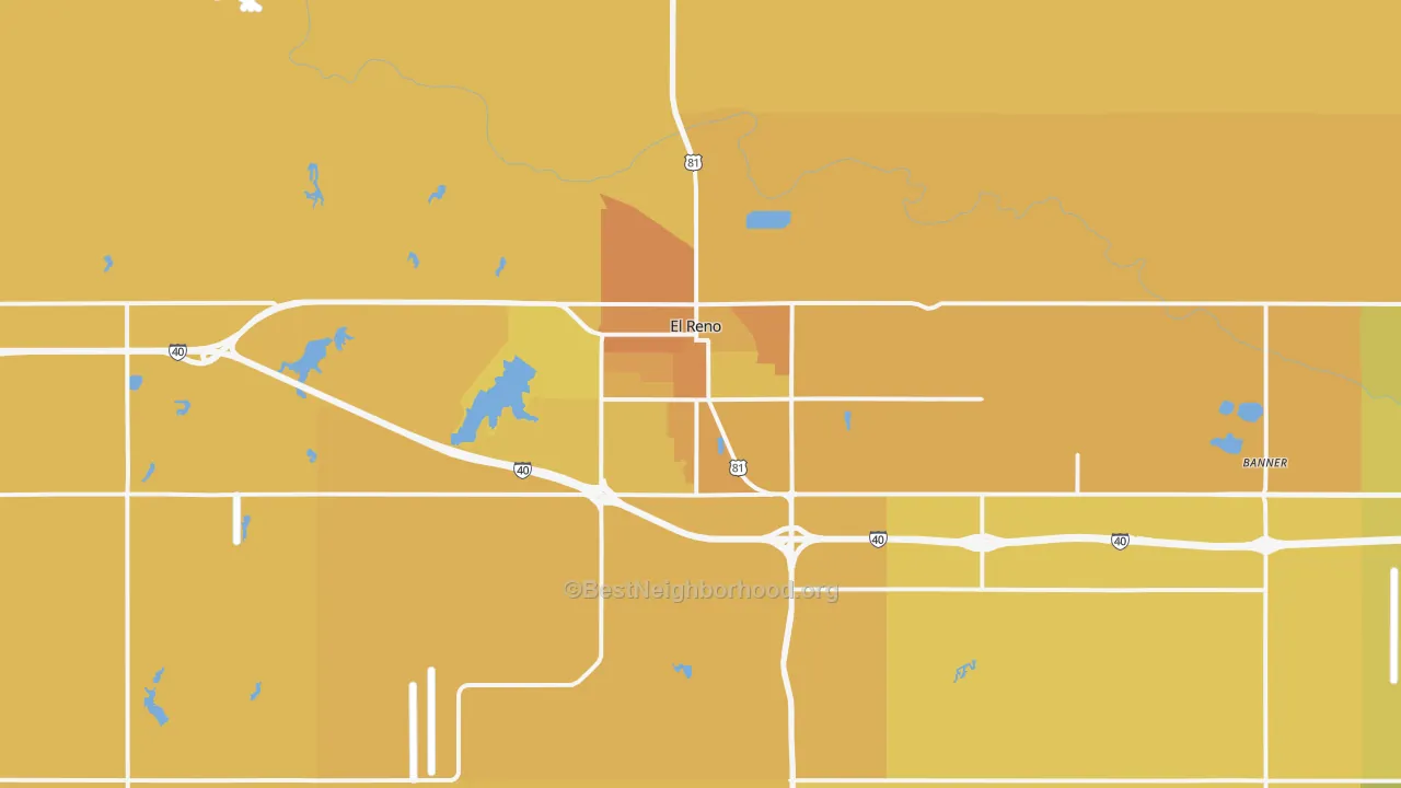 Map of the best neighborhoods in the El Reno area, with better matches in green and worse matches in red