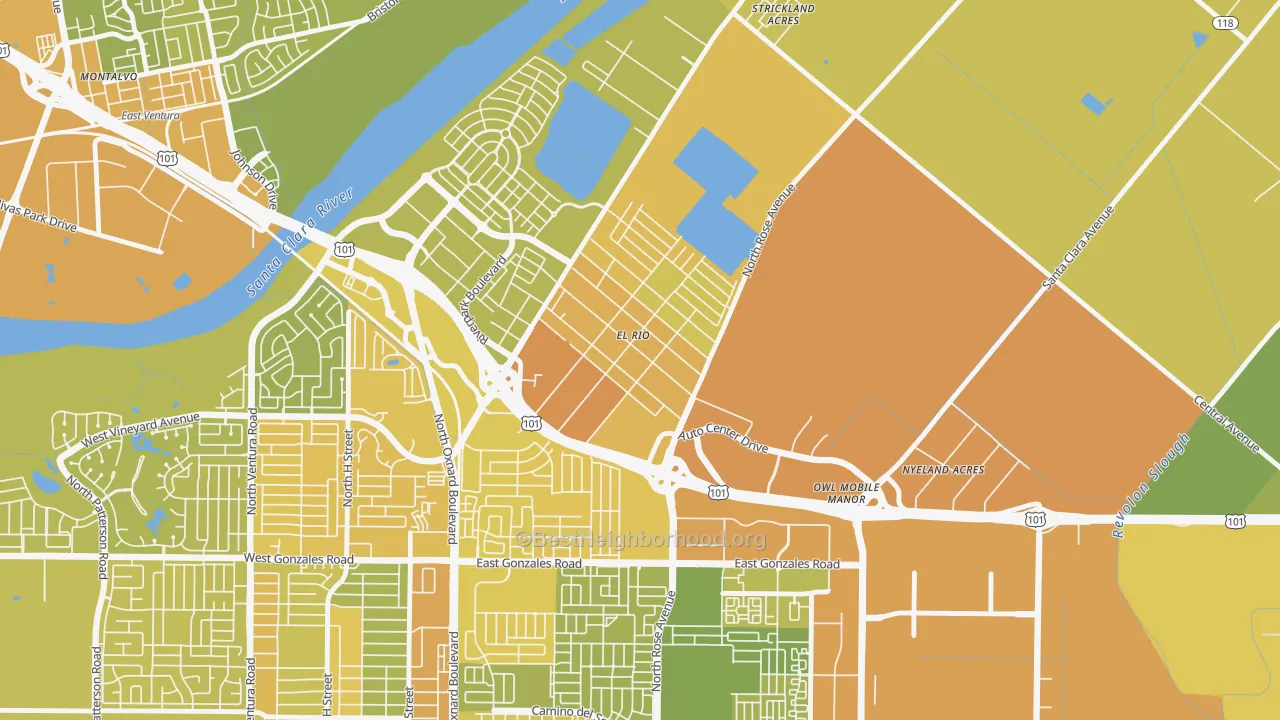 Map of the best neighborhoods in the El Rio, Oxnard area, with better matches in green and worse matches in red