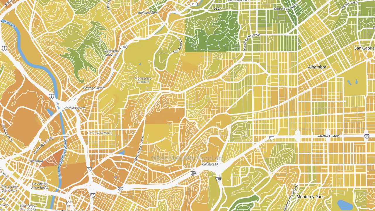 Map of the best neighborhoods in the El Sereno, Los Angeles area, with better matches in green and worse matches in red
