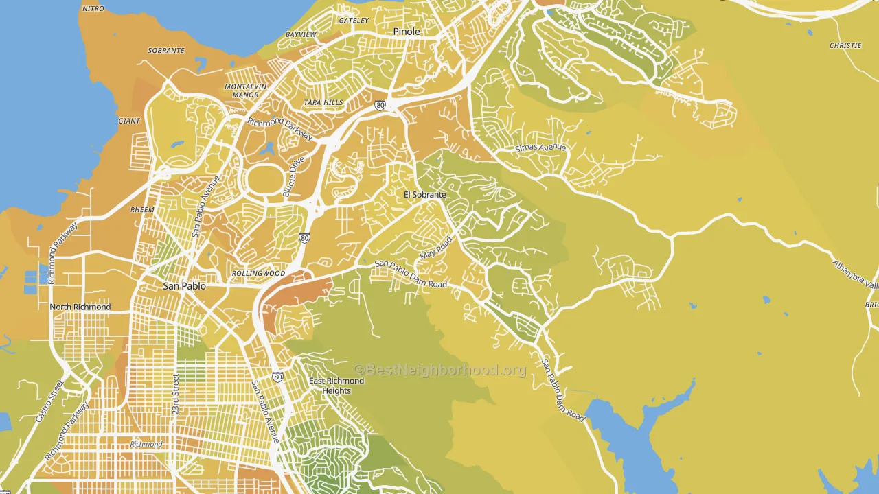 Map of the best neighborhoods in the El Sobrante area, with better matches in green and worse matches in red