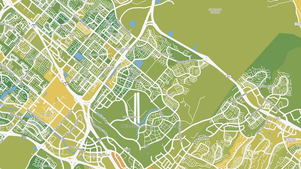 Map of the best neighborhoods in the El Toro Marine Air Station, Irvine area, with better matches in green and worse matches in red