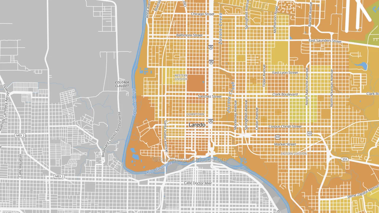 Map of the best neighborhoods in the El Trece, Laredo area, with better matches in green and worse matches in red