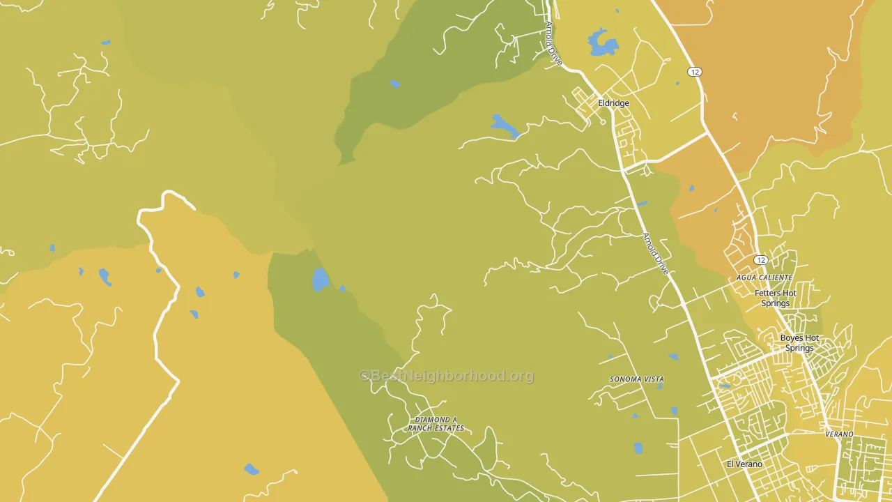 Map of the best neighborhoods in the El Verano area, with better matches in green and worse matches in red