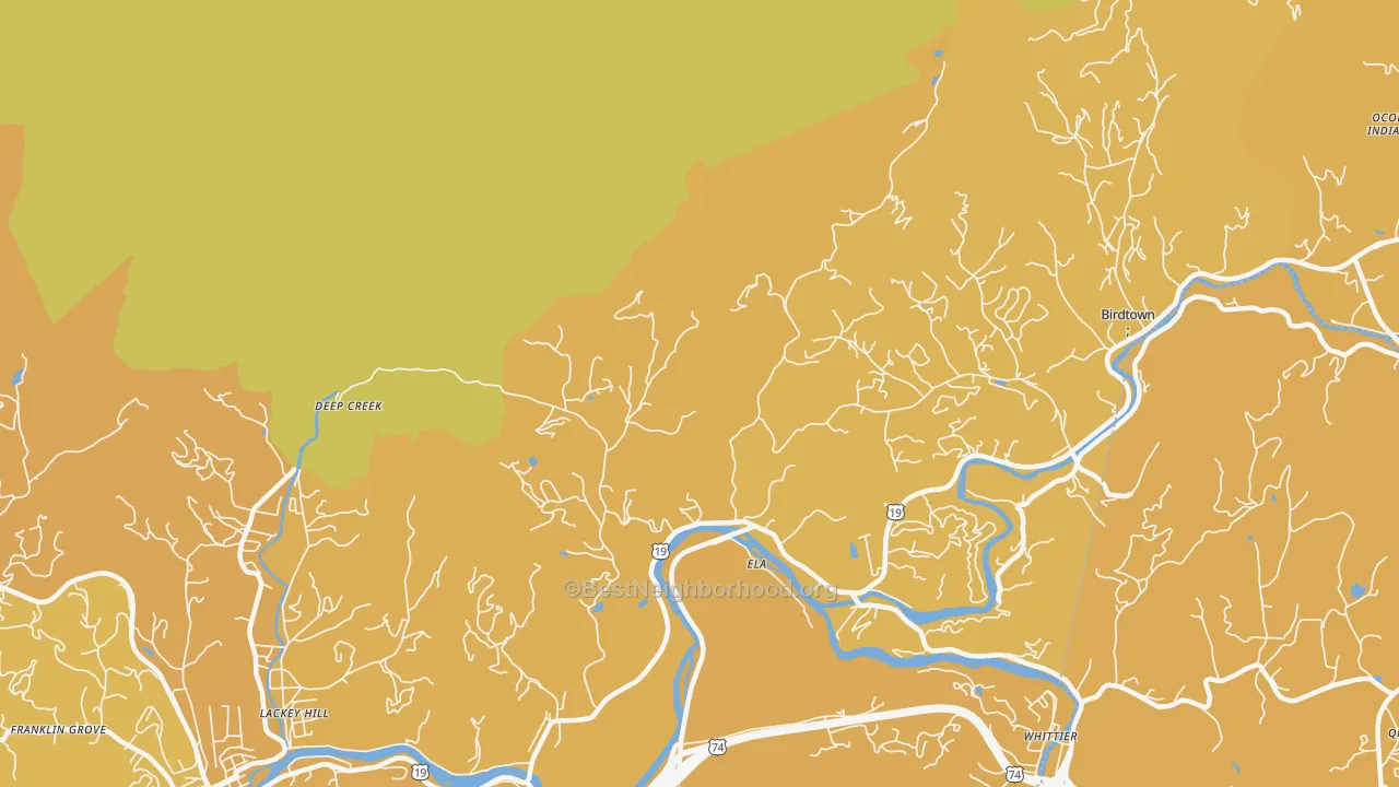 Map of the best neighborhoods in the Ela area, with better matches in green and worse matches in red