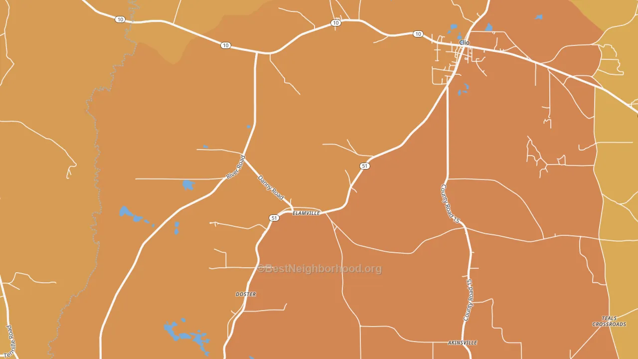 Map of the best neighborhoods in the Elamville area, with better matches in green and worse matches in red
