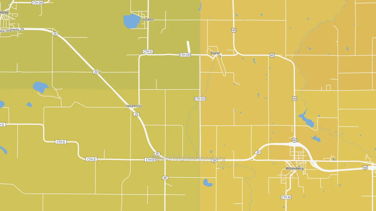 Map of the best neighborhoods in the Eland area, with better matches in green and worse matches in red