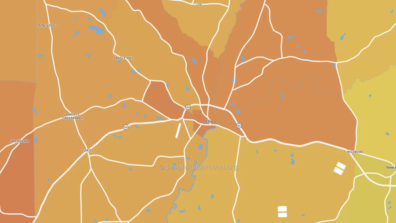 Map of the best neighborhoods in the Elba area, with better matches in green and worse matches in red