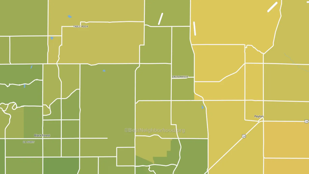 Map of the best neighborhoods in the Elbert area, with better matches in green and worse matches in red