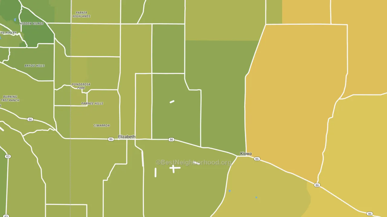 Map of the best neighborhoods in the Elbert County area, with better matches in green and worse matches in red