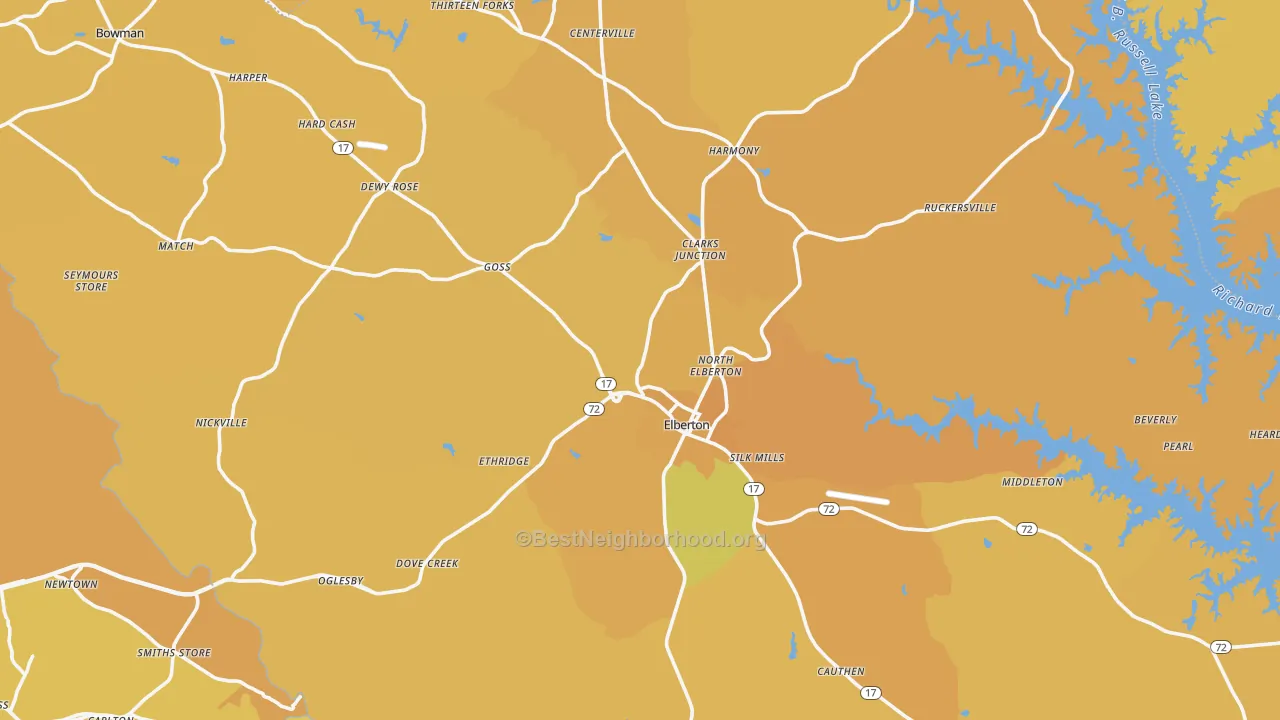 Map of the best neighborhoods in the Elbert County area, with better matches in green and worse matches in red