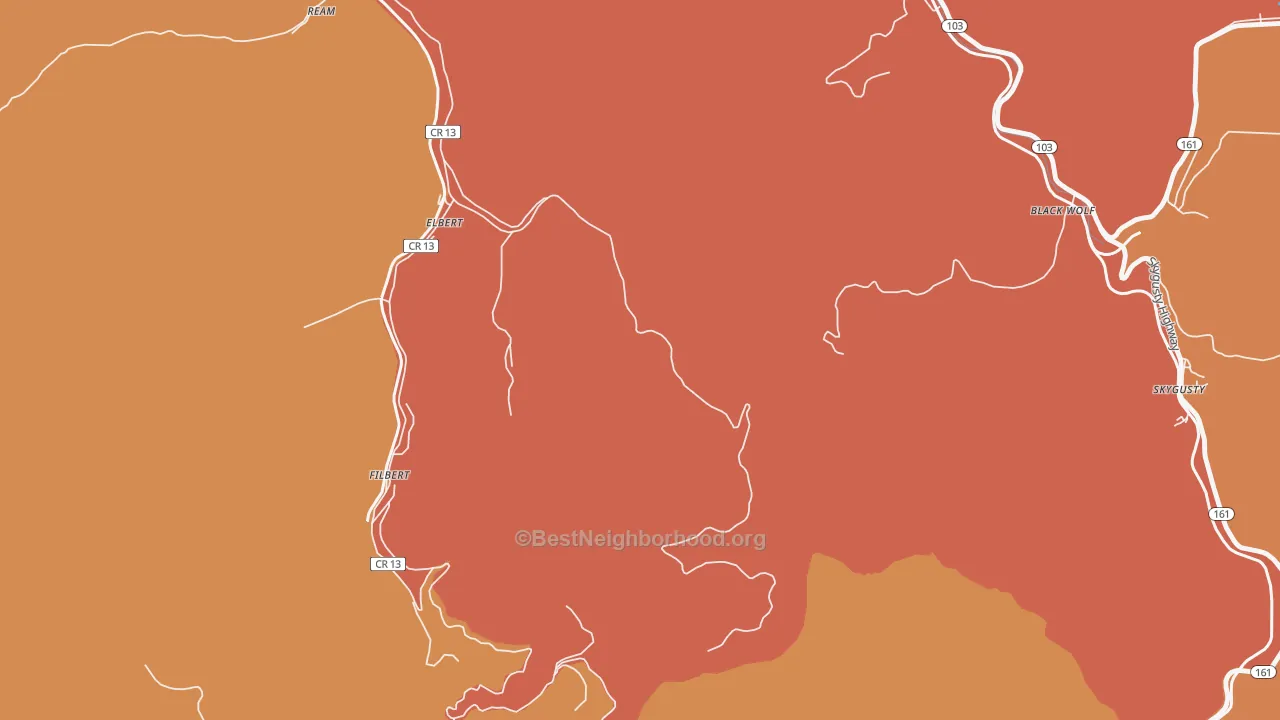 Map of the best neighborhoods in the Elbert area, with better matches in green and worse matches in red