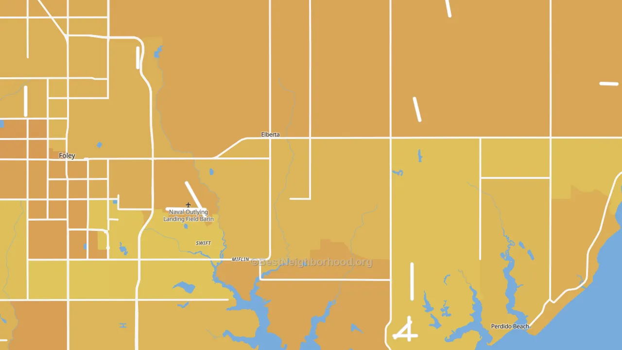 Map of the best neighborhoods in the Elberta area, with better matches in green and worse matches in red