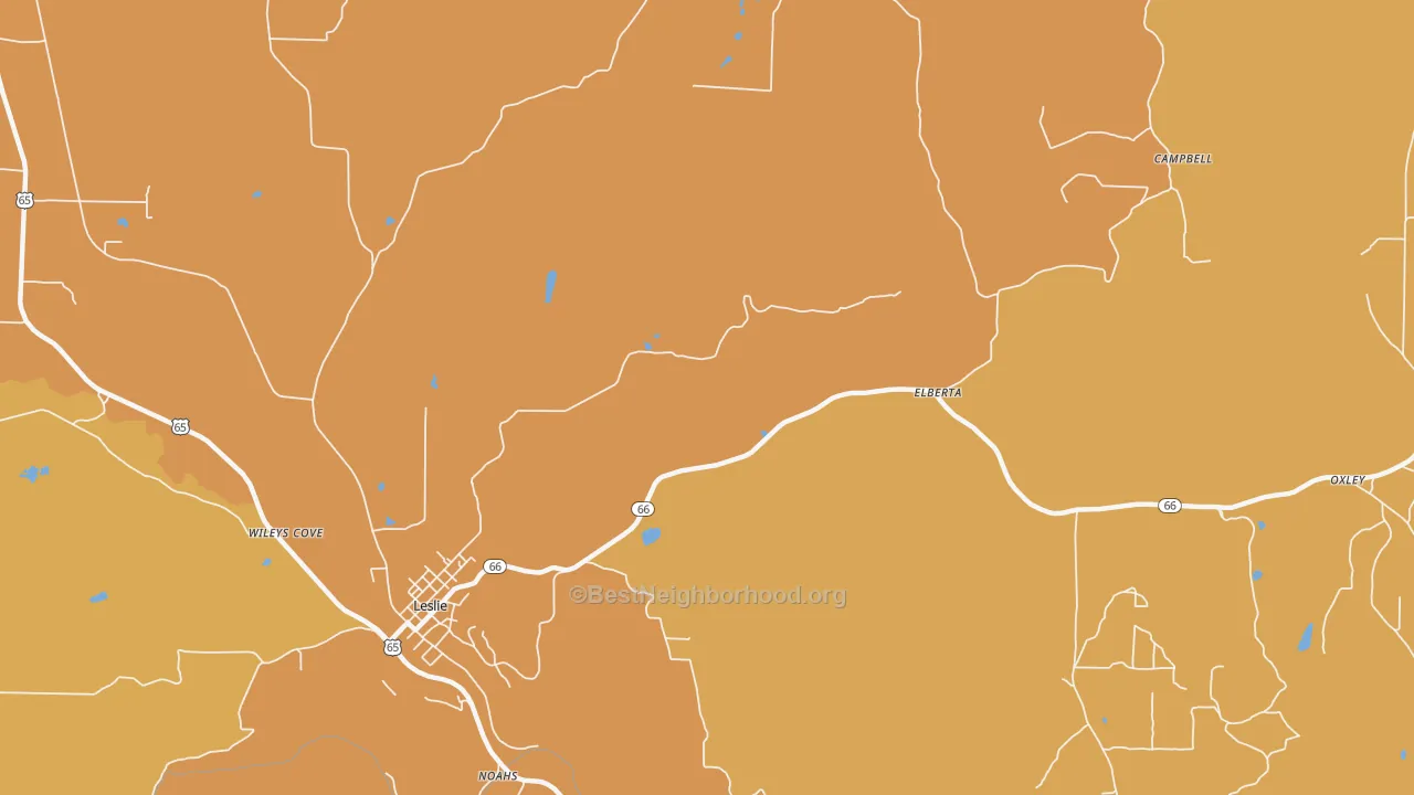 Map of the best neighborhoods in the Elberta area, with better matches in green and worse matches in red