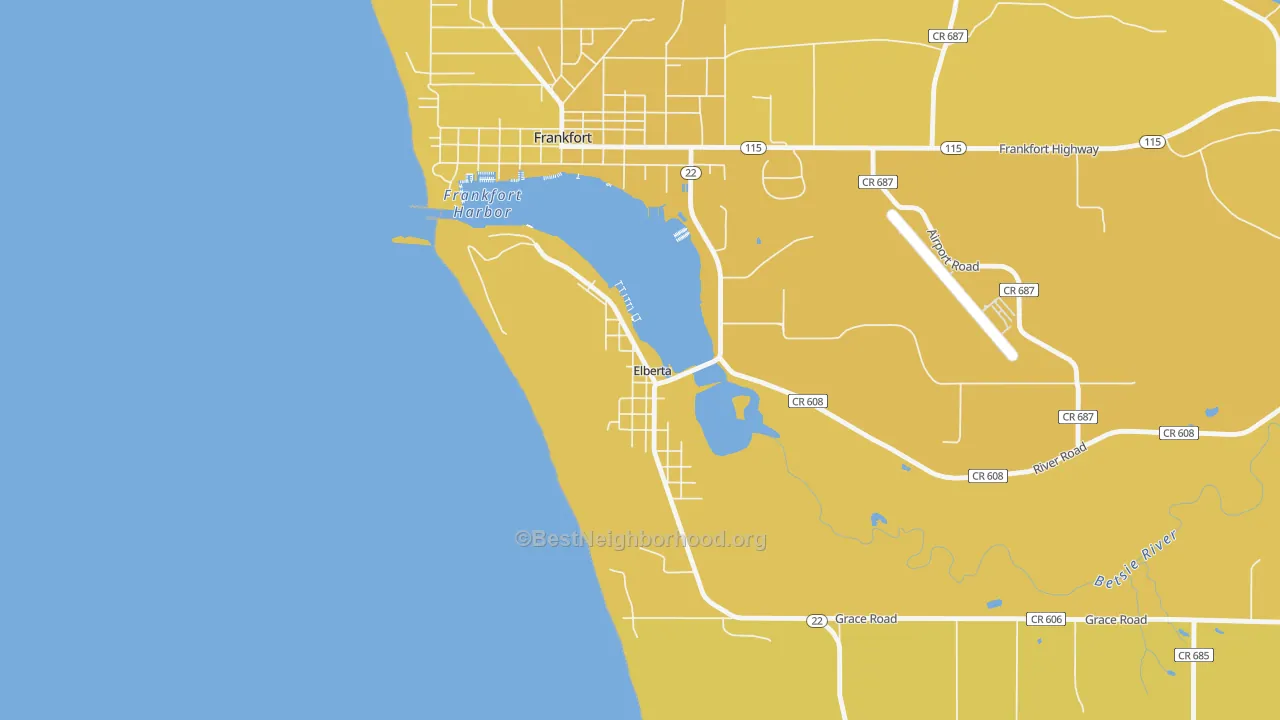 Map of the best neighborhoods in the Elberta area, with better matches in green and worse matches in red