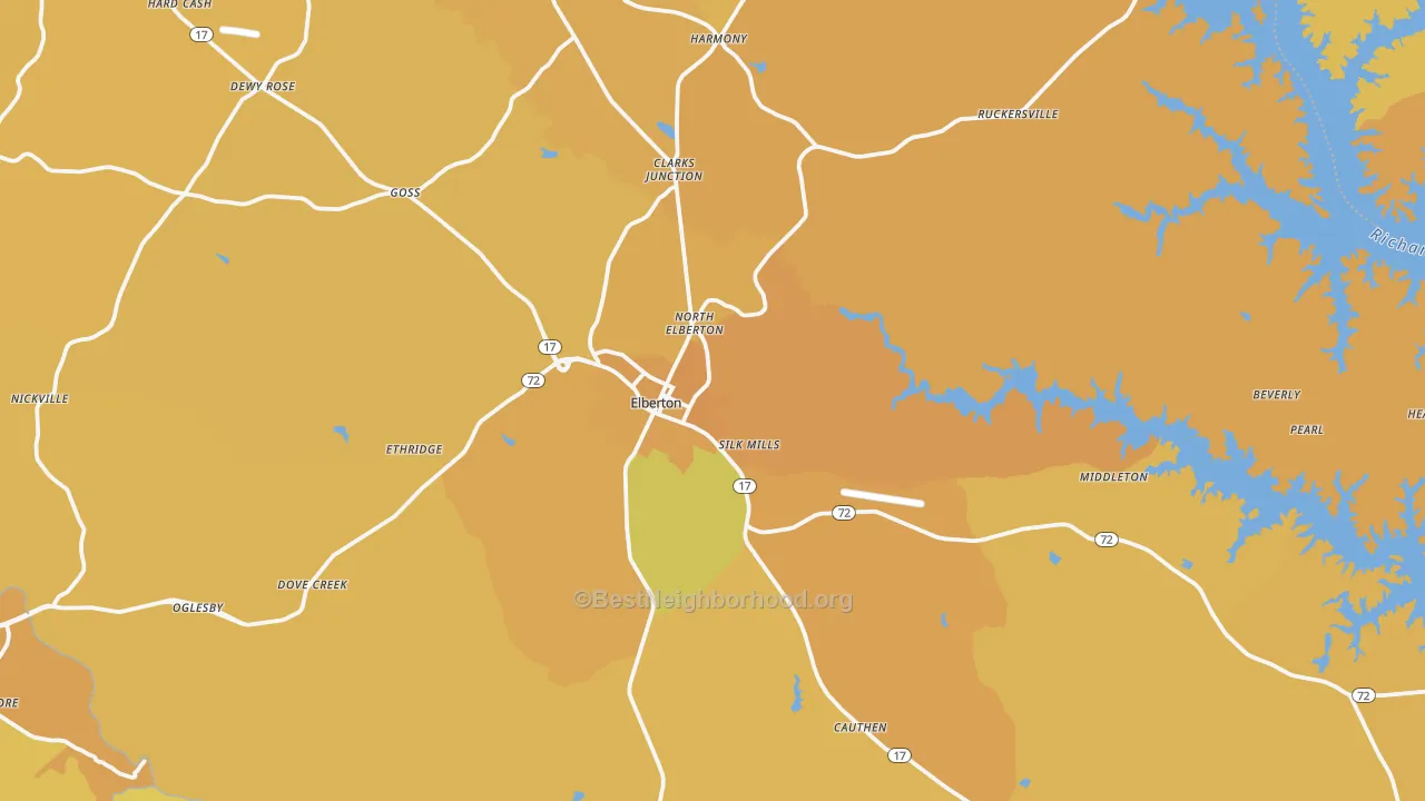 Map of the best neighborhoods in the Elberton area, with better matches in green and worse matches in red