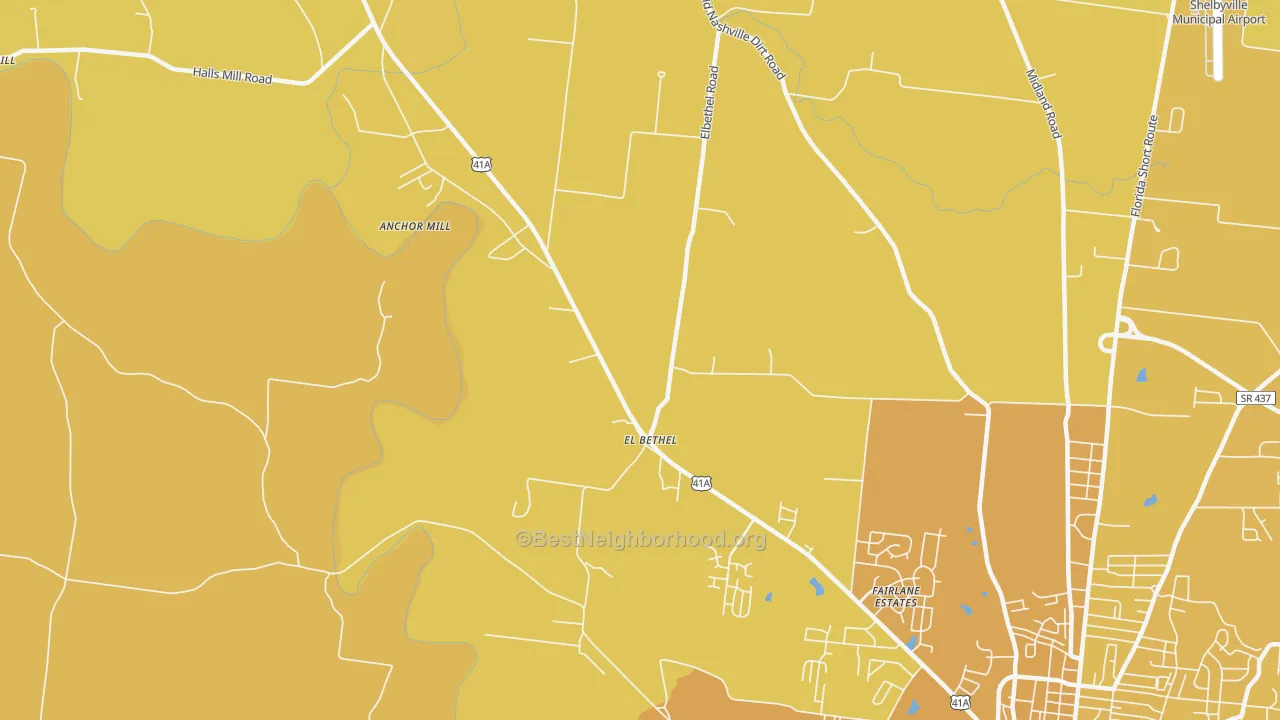 Map of the best neighborhoods in the Elbethel area, with better matches in green and worse matches in red