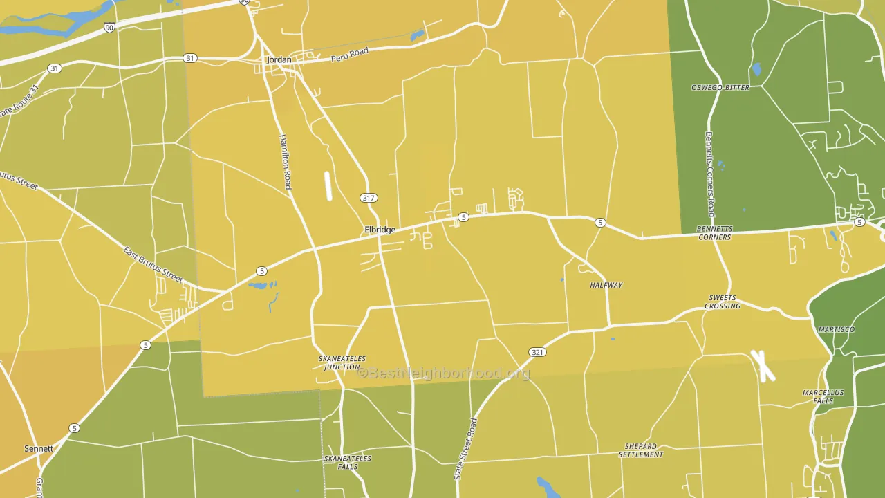 Map of the best neighborhoods in the Elbridge area, with better matches in green and worse matches in red
