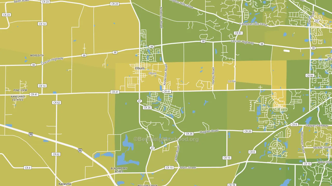 Map of the best neighborhoods in the Elburn area, with better matches in green and worse matches in red