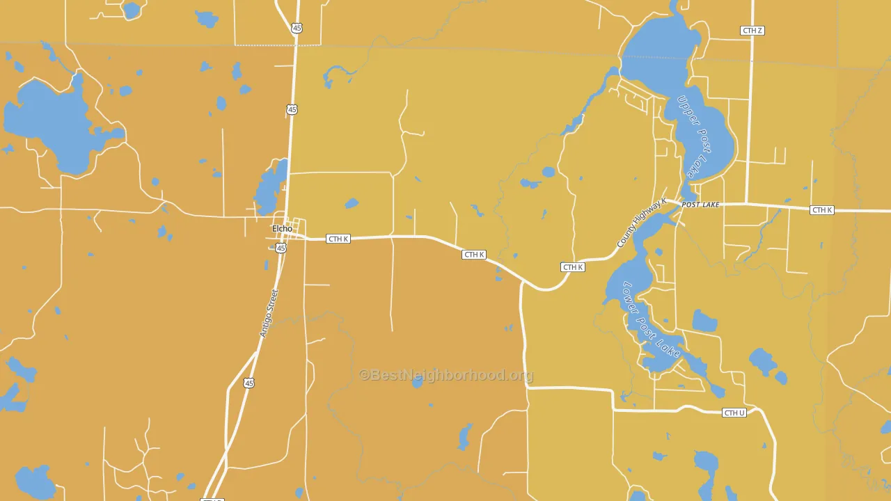 Map of the best neighborhoods in the Elcho area, with better matches in green and worse matches in red