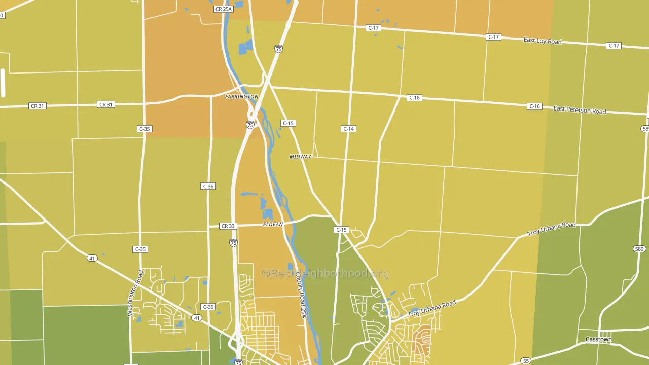 Map of the best neighborhoods in the Eldean area, with better matches in green and worse matches in red