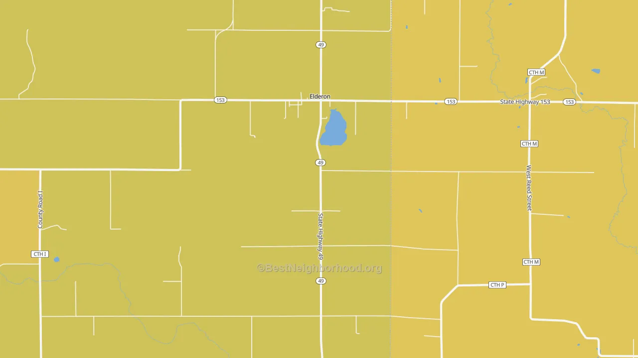 Map of the best neighborhoods in the Elderon area, with better matches in green and worse matches in red