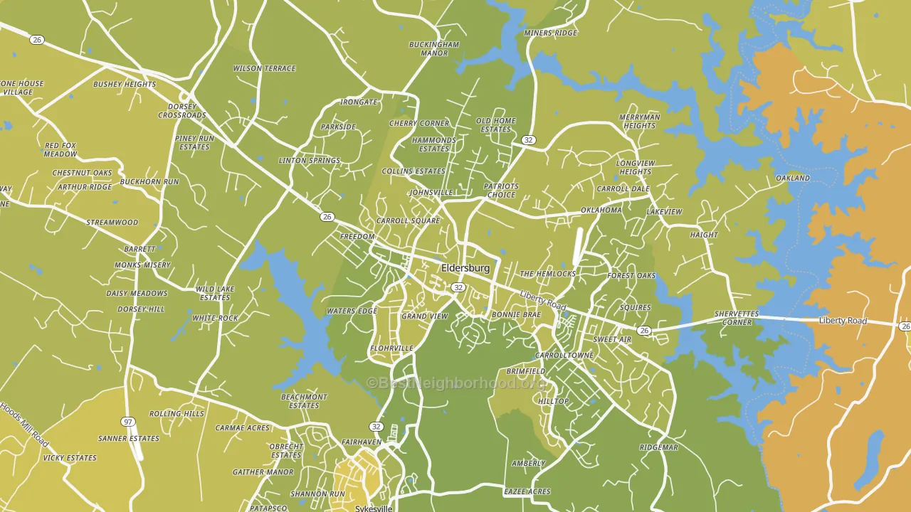 Map of the best neighborhoods in the Eldersburg area, with better matches in green and worse matches in red