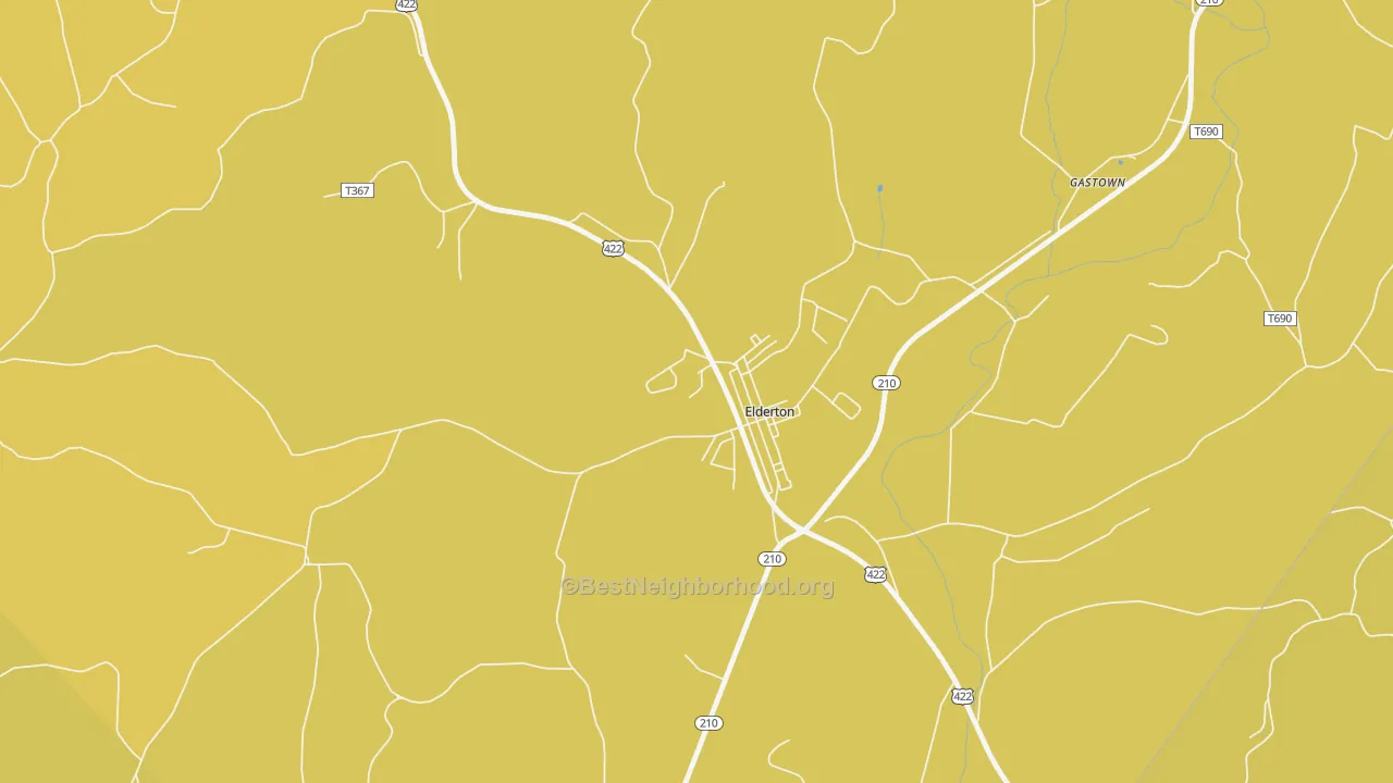 Map of the best neighborhoods in the Elderton area, with better matches in green and worse matches in red