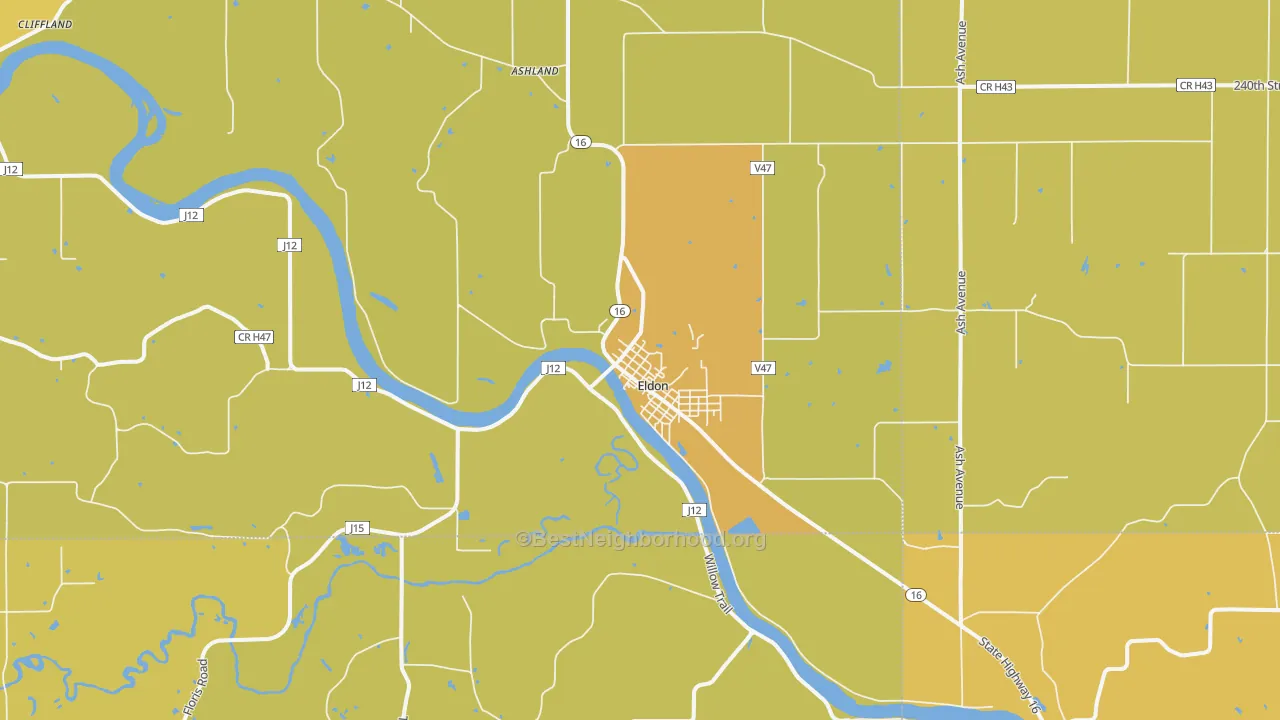 Map of the best neighborhoods in the Eldon area, with better matches in green and worse matches in red
