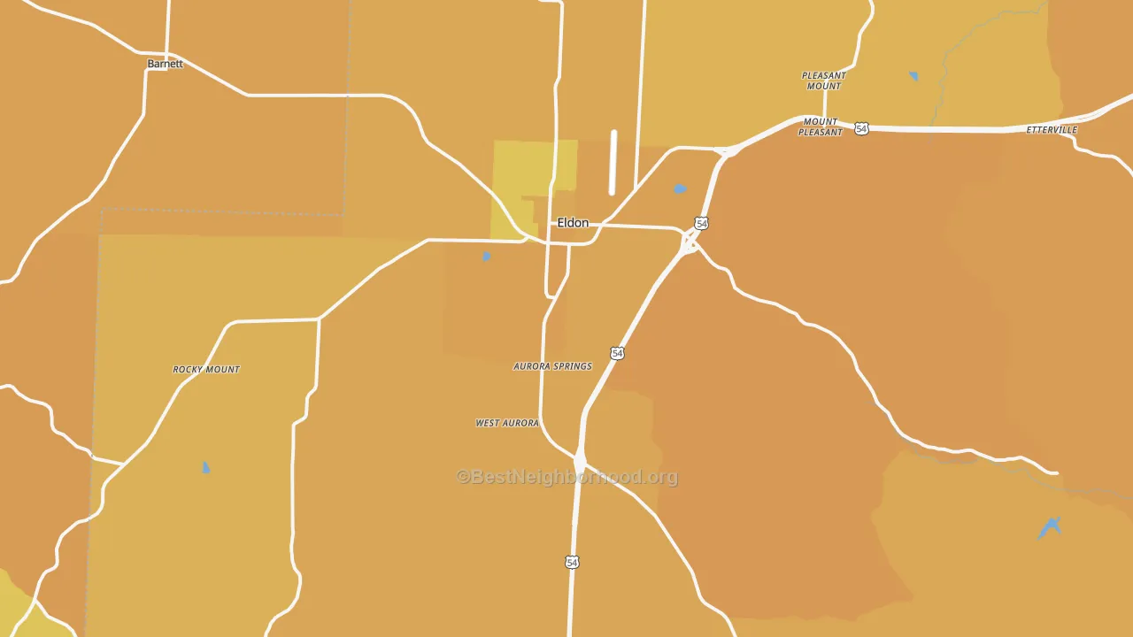 Map of the best neighborhoods in the Eldon area, with better matches in green and worse matches in red