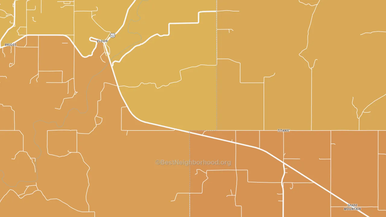 Map of the best neighborhoods in the Eldon area, with better matches in green and worse matches in red