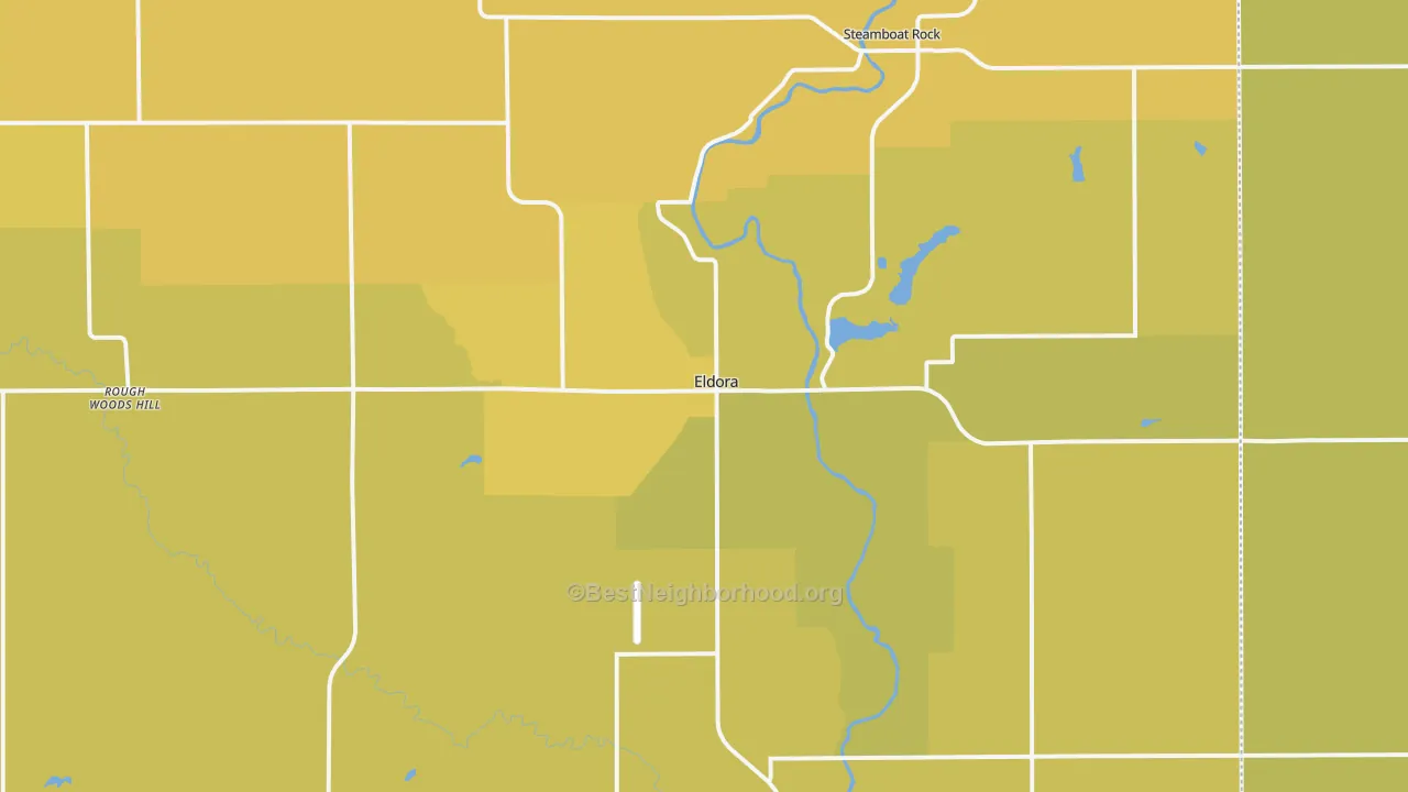 Map of the best neighborhoods in the Eldora area, with better matches in green and worse matches in red