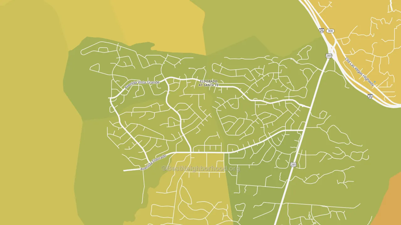 Map of the best neighborhoods in the Eldorado at Santa Fe area, with better matches in green and worse matches in red