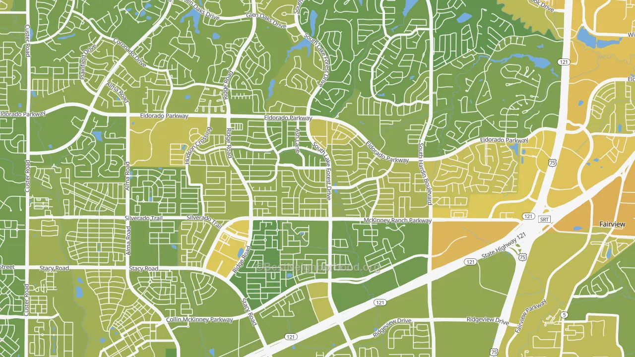 Map of the best neighborhoods in the Eldorado Heights, McKinney area, with better matches in green and worse matches in red