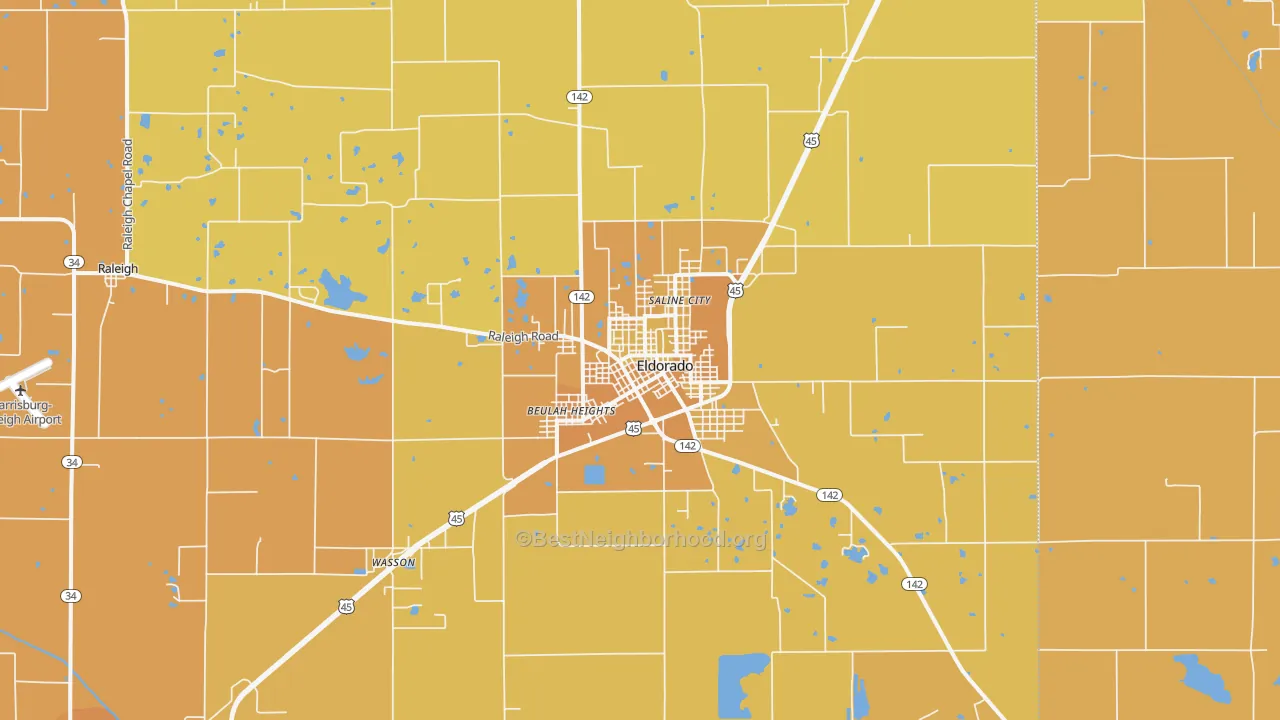 Map of the best neighborhoods in the Eldorado area, with better matches in green and worse matches in red