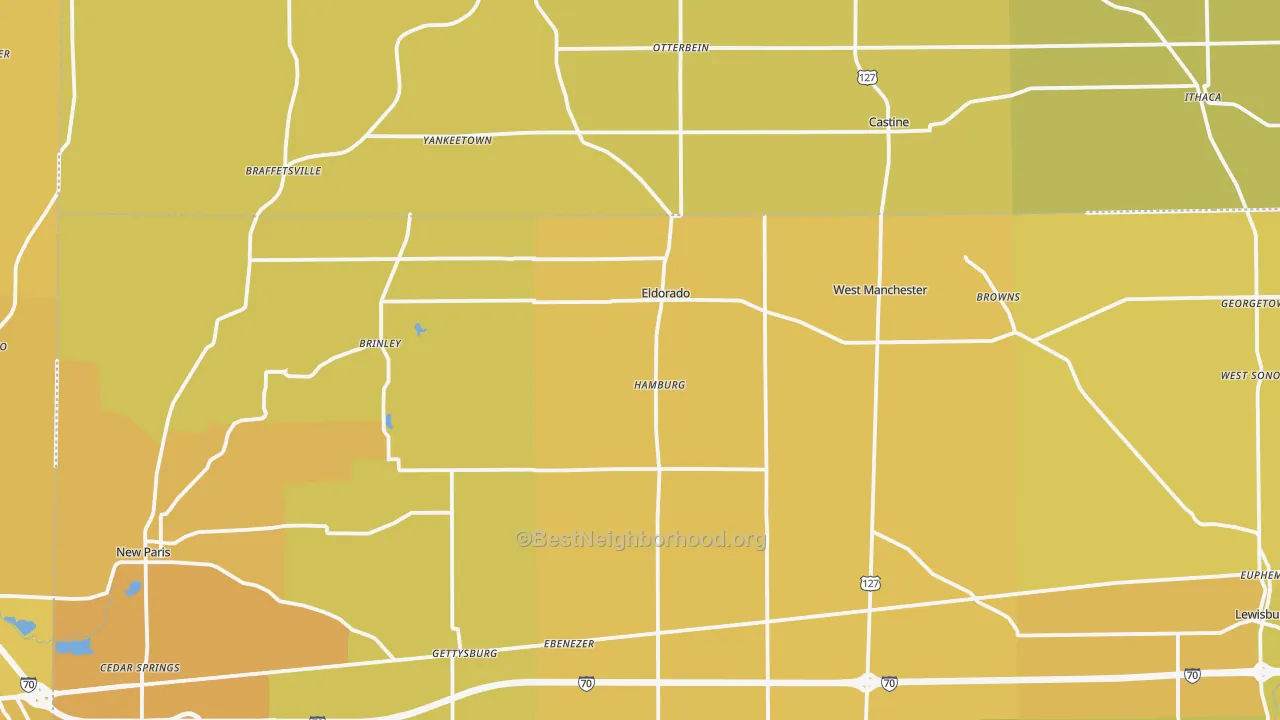 Map of the best neighborhoods in the Eldorado area, with better matches in green and worse matches in red