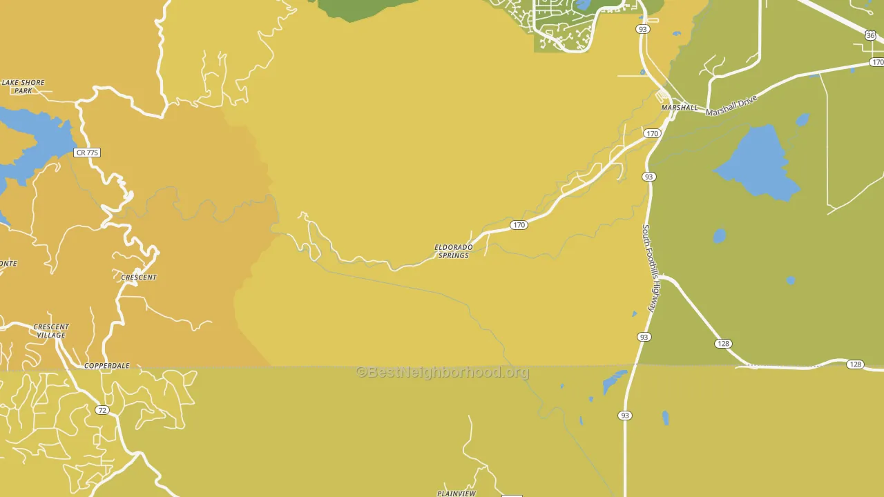 Map of the best neighborhoods in the Eldorado Springs area, with better matches in green and worse matches in red