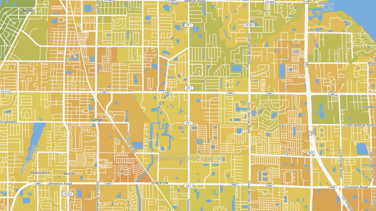 Map of the best neighborhoods in the Eldorado Village, Largo area, with better matches in green and worse matches in red