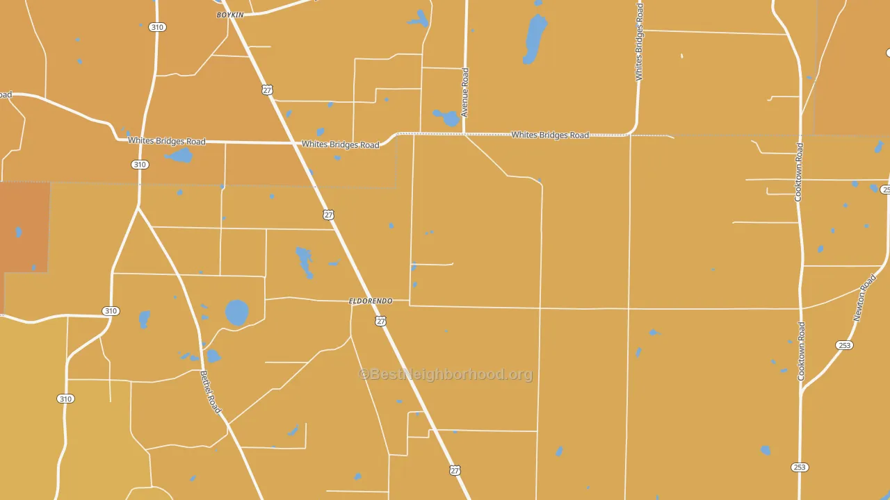 Map of the best neighborhoods in the Eldorendo area, with better matches in green and worse matches in red
