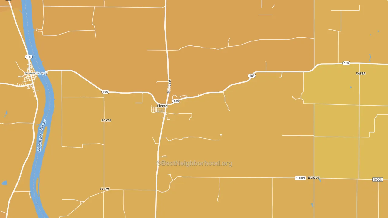 Map of the best neighborhoods in the Eldred area, with better matches in green and worse matches in red