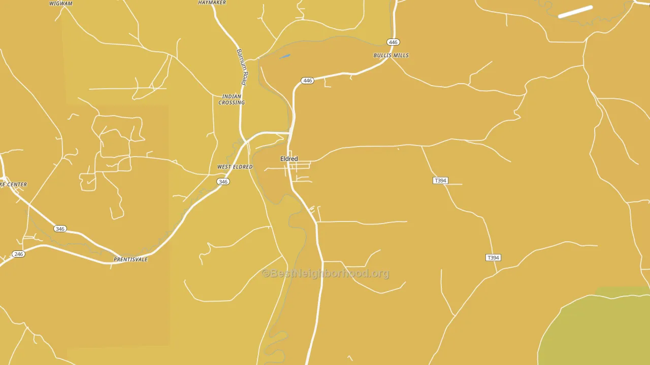 Map of the best neighborhoods in the Eldred area, with better matches in green and worse matches in red
