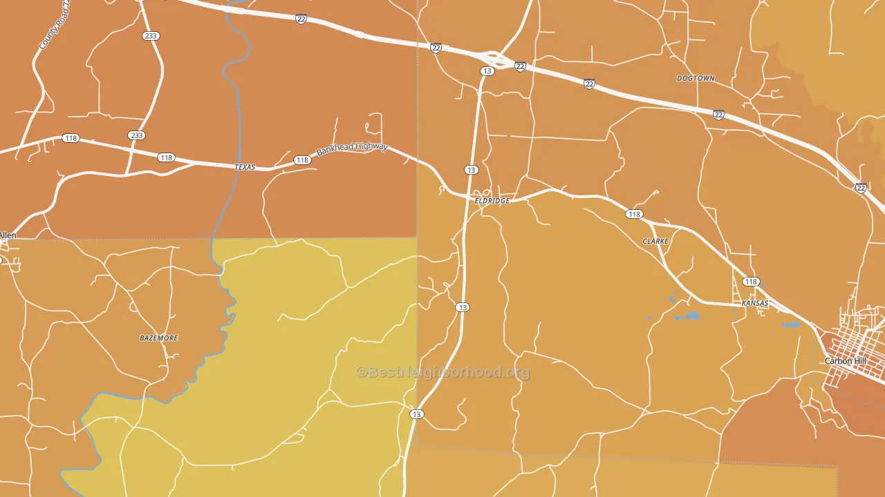 Map of the best neighborhoods in the Eldridge area, with better matches in green and worse matches in red