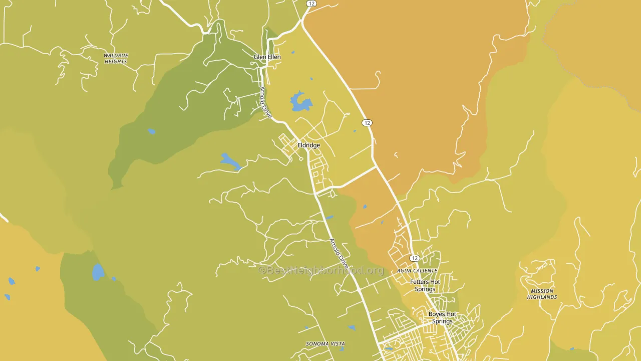 Map of the best neighborhoods in the Eldridge area, with better matches in green and worse matches in red