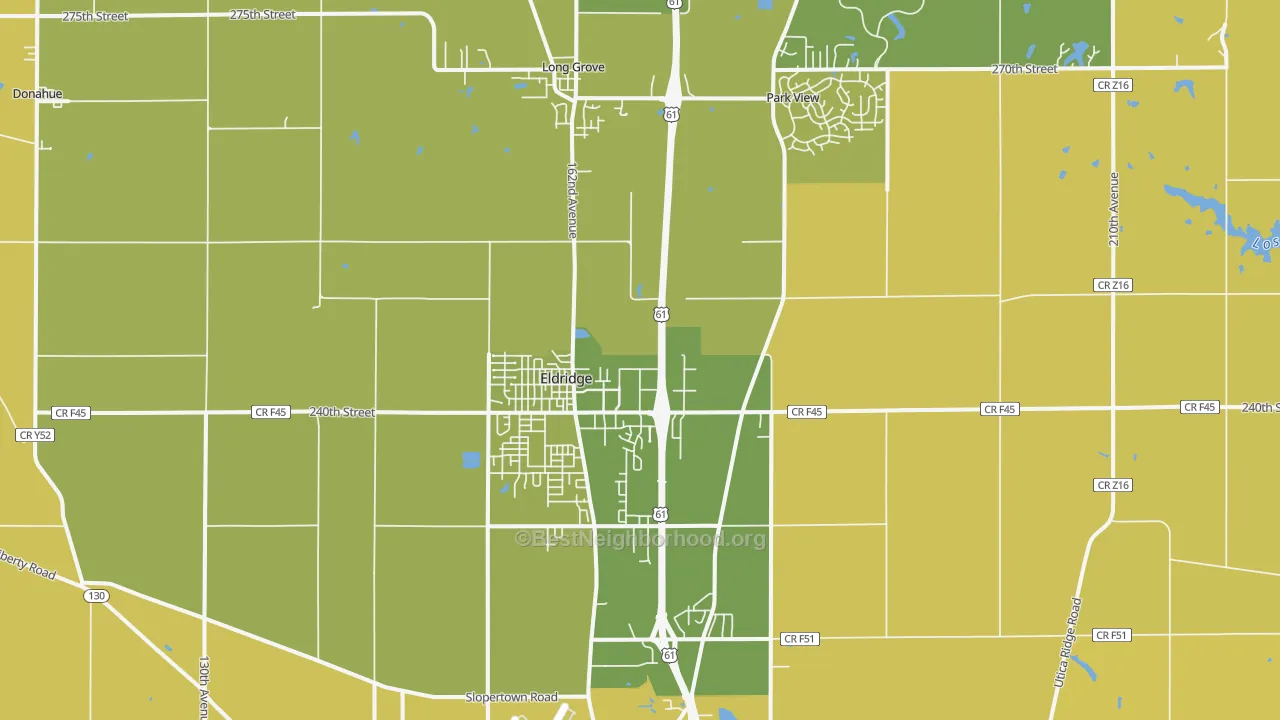 Map of the best neighborhoods in the Eldridge area, with better matches in green and worse matches in red