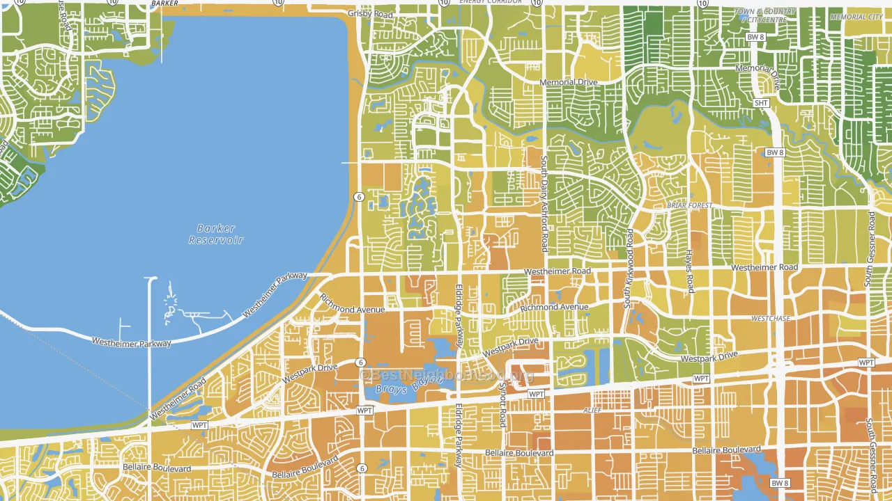 Map of the best neighborhoods in the Eldridge-West Oaks, Houston area, with better matches in green and worse matches in red