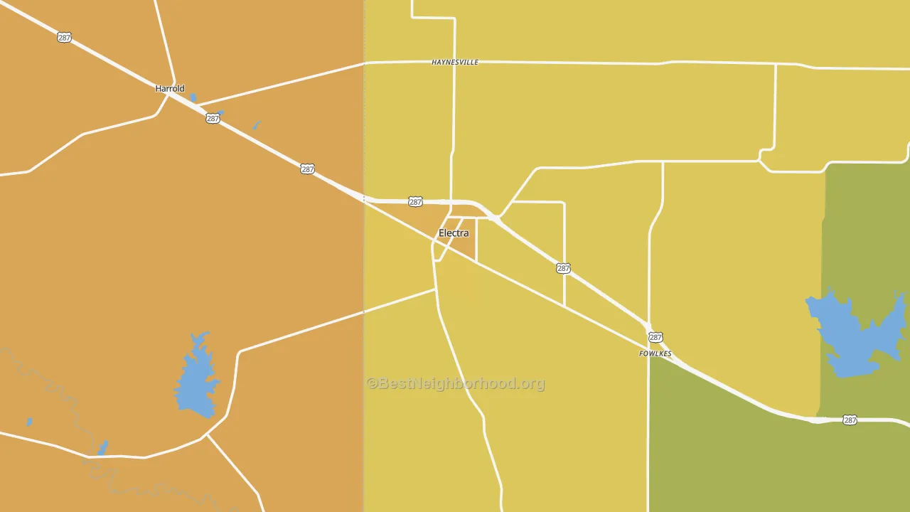 Map of the best neighborhoods in the Electra area, with better matches in green and worse matches in red