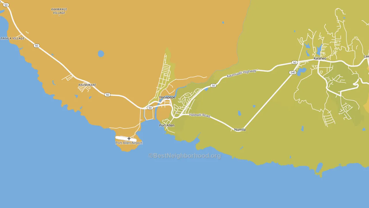 Map of the best neighborhoods in the Eleele area, with better matches in green and worse matches in red