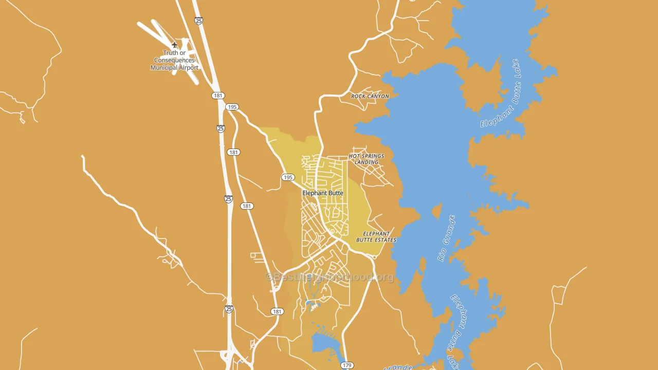 Map of the best neighborhoods in the Elephant Butte area, with better matches in green and worse matches in red